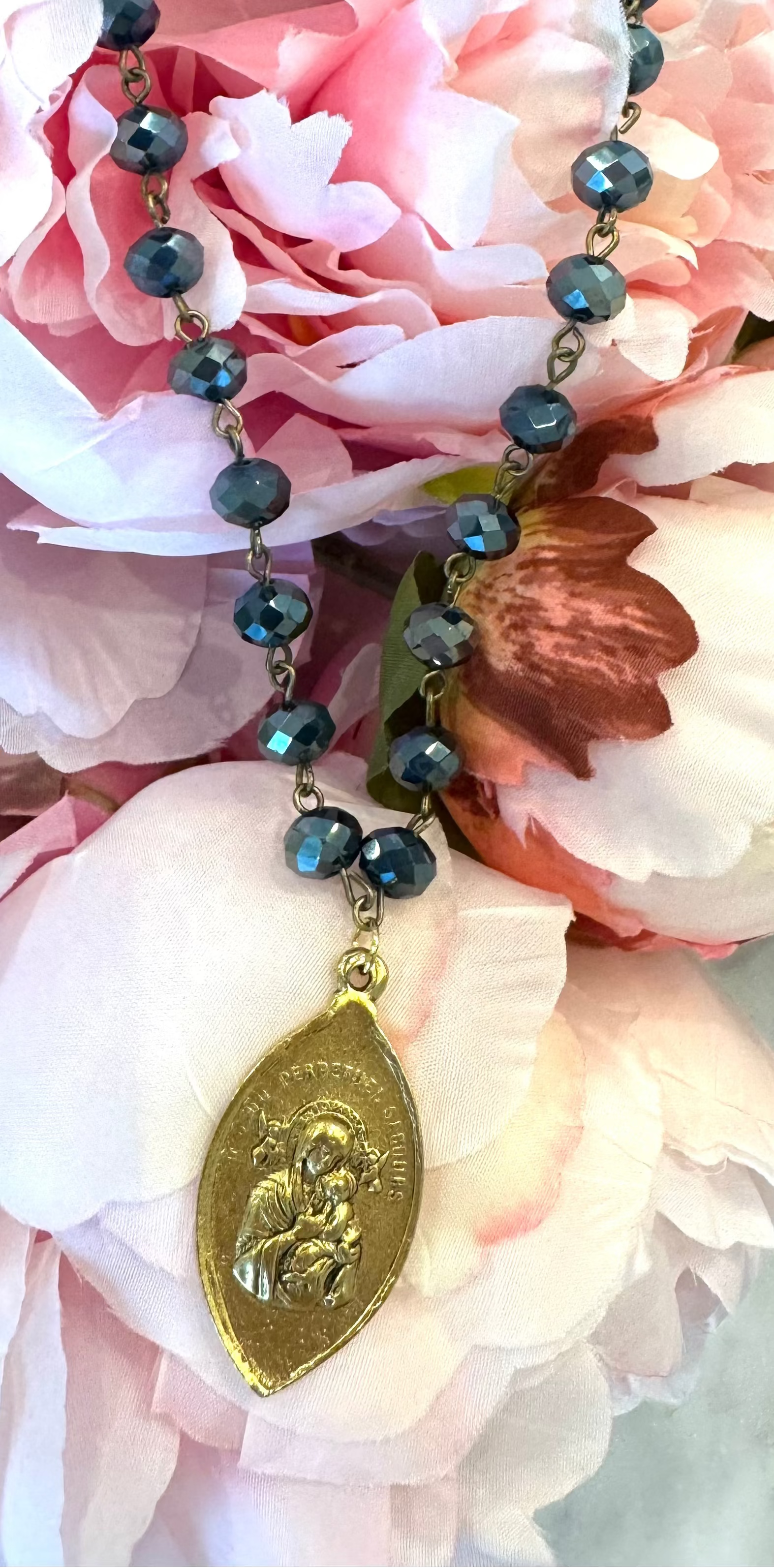 Blue Beaded Mary & Jesus Necklace