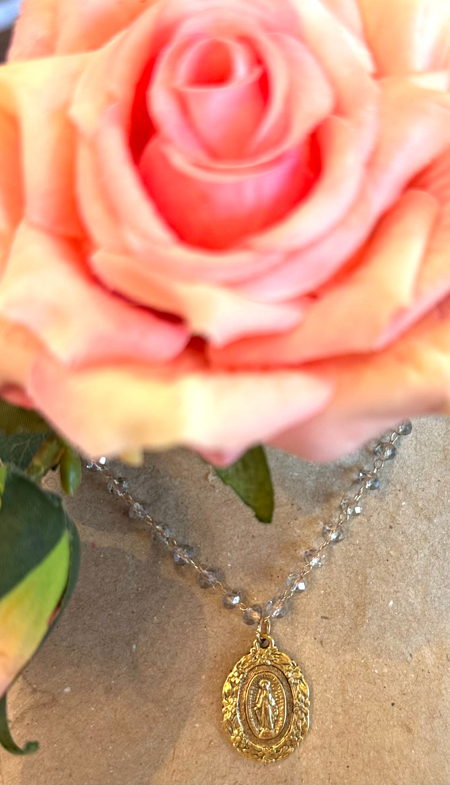 Clear Beaded Miraculous Medal Necklace