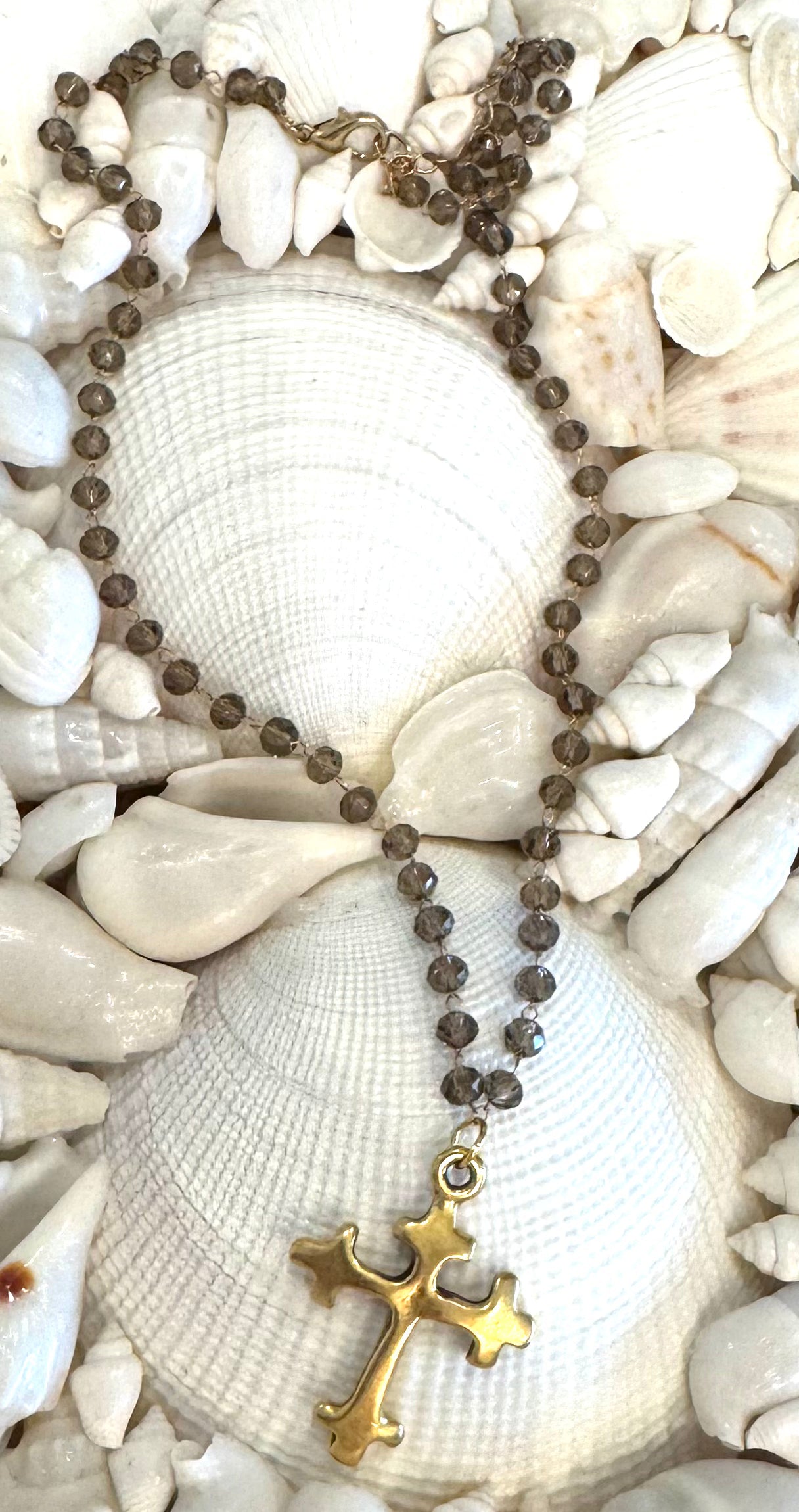 Taupe Beaded Cross Necklace