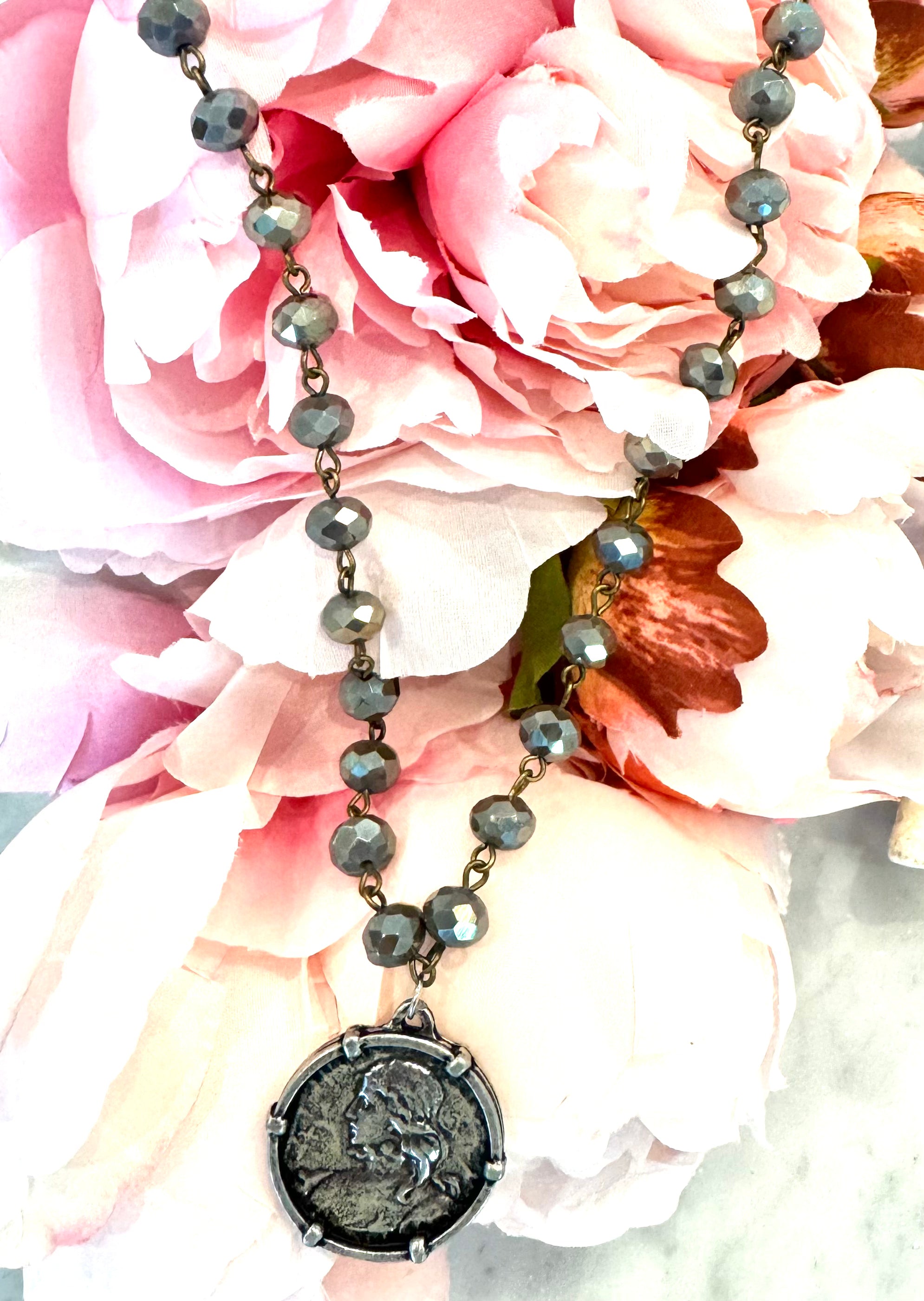 Slate Beaded St. Joan of Arc Necklace