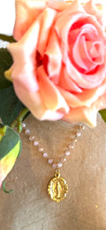 Blush Pink beaded Gold Miraculous Medal Necklace